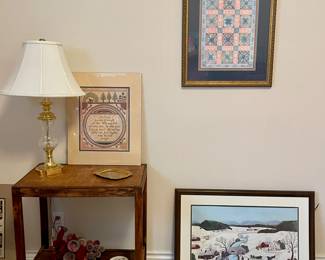 ACCENT TABLE, BRASS LAMP, FRAMED ART