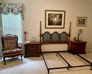 MCM QUEEN BLUE VELVET TUFTED HEADBOARD, MCM VELOUR CHAIR, END TABLES