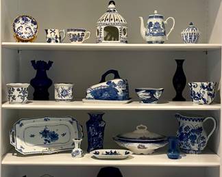 DELFT, FLOW BLUE, OLD HICKORY COBALT BLUE ARTGLASS, VICTORIA WARE IRONSTONE CHEESE DISH, ANDREA PLATTER, CZECH ZWIEBELMUSTER BLUE ONION BUD VASE, IMPERIAL CHINA FLOW BLUE SOUP TUREEN, BLUE & WHITE PITCHERS, COBALT BLUE ART GLASS VASE