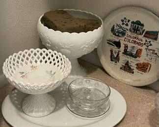 VINTAGE COLORADO METAL TRAY, MILK GLASS-THESE 2 PIECES OF MILK GLASS ARE AS IS PIECES