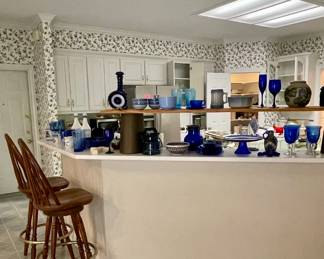 WOOD BARSTOOLS, BLUE AND WHITE CAKE STAND, GLASSES, POTTERY, CANISTERS AND MORE, SALT GLAZE BOWL & STEIN