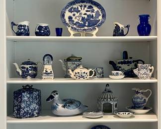 OLD SLEEPY EYE PITCHER, BLUE ARTGLASS, BLUE WILLOW TEA POT, DYNASTY HEXAGON TEA POT, FLOW BLUE VICTORIA WARE TEAPOT, DELFT, MEISSEN BLUE ONION CUP/SAUCER, JAMES KENT OLD FOLEY, MEXICO POTTERY DUCK, WELLSVILLE CHINA BLUE WILLOW DIVIDED PLATE