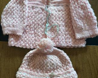 Vintage, hand knitted baby sweater and hat
