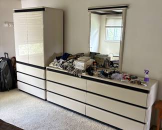 Contemporary bedroom set from Sherwood Studios of West Bloomfield. 6 piece set includes armoire chest, double dresser with mirror, king size platform bed with mattress, headboard and two nightstands