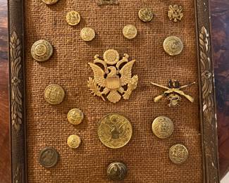 Framed Collection of Vintage U.S. Military Buttons and Insignia