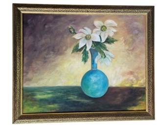 Still Life White Flowers in Turquoise Vase, signed K.C. Shults. 1970s?