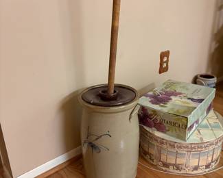 . . . 1800's stoneware butter churn with cobalt blue markings