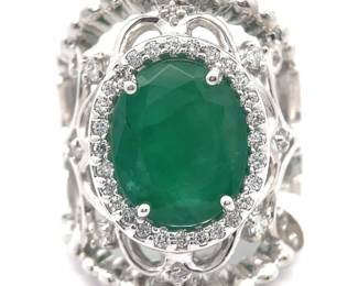 5.50 Carat Natural Emerald & Diamond Filigree Trellis Ring in 14k White Gold