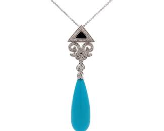 12.35 Carat Sleeping Beauty Turquoise Briolette & Natural Diamond Custom Made Necklace in Platinum