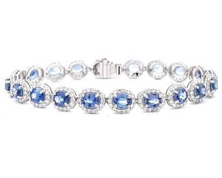 13.90 Carat Sri Lanka / Ceylon Sapphire & Natural Diamond Oval Halo Bracelet in Platinum