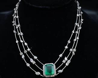 25.17 Carat Extremely Rare F1 Quality Emerald & Natural Diamond Triple Layer Necklace in 18k White Gold