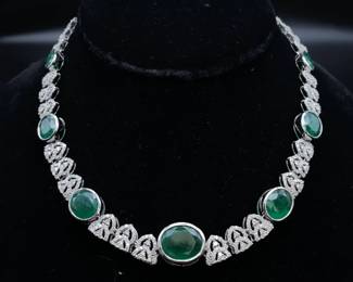 40.82 Carat Natural Emerald & Diamond Pavé Lace Necklace in 18k White Gold