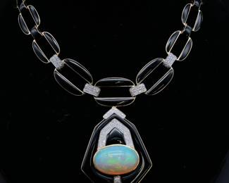 Exquisite 71.73 Carat White Opal & Micro Pavé Natural Diamond Art Deco Onyx Necklace