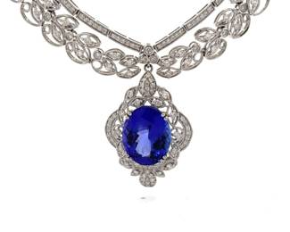 Designer Orianne 29.32 Carat Tanzanite & Pavé Natural Diamond Floral Lace Necklace in 18k White Gold
