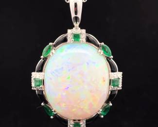 Classy Oscar Friedman 32.27 Carat White Opal, Emerald & Natural Diamond Oval Halo Pendant in Platinum
