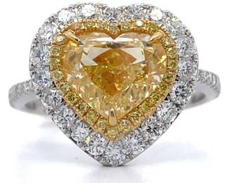 NEW! 4.07 Carat Natural Fancy Yellow & White Diamond Heart Halo Ring in 18k Two-Tone Gold