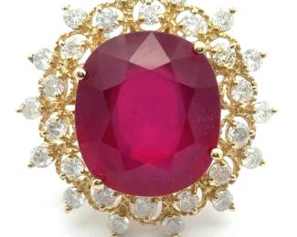 18.60 Carat Natural Ruby & Diamond Halo Cluster Ring in 14k Yellow Gold