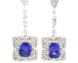 Breathtaking 16.58 Carat Tanzanite & Natural Diamond Drop Earrings in 14k White Gold