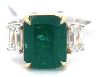 NEW! 4.36 Carat Oscar Friedman Emerald & Diamond Three Stone Ring in Platinum and 18k Gold