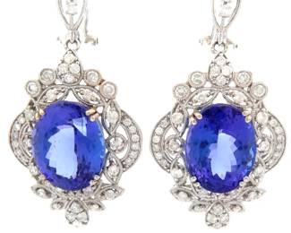 NEW! 31.84 Carat Natural Tanzanite & Diamond Lace Drop Earrings in 18k White Gold