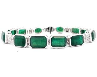 36.79 Carat Emerald & Natural Diamond Bezel Link Bracelet in Platinum