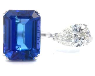 Unique! 37.90 Carat Natural Tanzanite & Lab-Grown Diamond Toi et Moi Double Ring in 14k White Gold