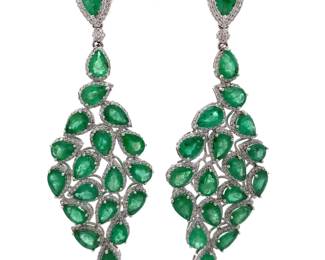 15.38 Carat Natural Emerald & Diamond Chandelier Cluster Earrings in 14k White Gold