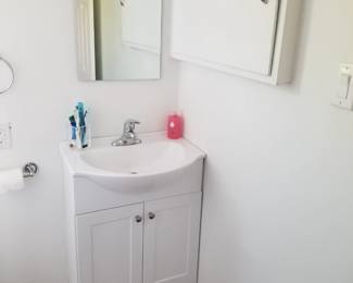Petite bath vanity; mirrored medicine cabinet