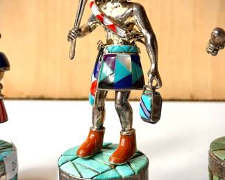 Close up of Inlaid stones over Sterling silver figures group of 4 pieces measure between 6-8 inches tall