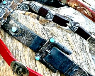 Collection of mini concho leather hat bands
All sterling silver and turquoise 