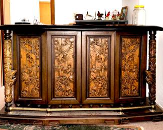 Chinese Bar with for great carved panels and dragon side poles, granite inlaid top - PLEASE BRING HELP It’s heavy !