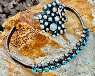 Turquoise and Sterling Silver Bracelet w Silver Ring and Mother of Pearl Cross
