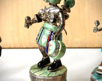 Close up of Inlaid stones over Sterling silver figures group of 4 pieces measure between 6-8 inches tall