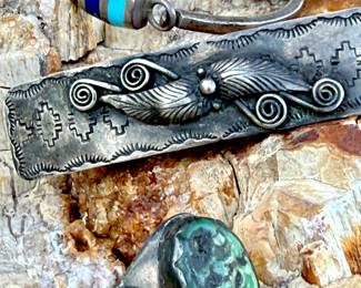 Early Navajo Sterling ring with Sterling Hairclip and Mexican Bracelet