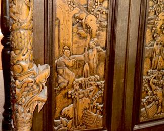 Detail Chinese Bar with for great carved panels and dragon side poles, granite inlaid top - PLEASE BRING HELP It’s heavy !