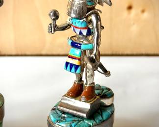 Close up of Inlaid stones over Sterling silver figures group of 4 pieces measure between 6-8 inches tall