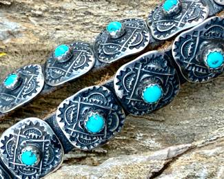 Closeup detail of Vintage Sterling silver and turquoise hat band