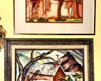 Vintage Modernist Art UNKNOWN - the Church is very reminiscent of Howard Schleeter early work - Top piece is signed   