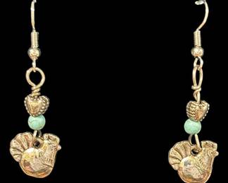 Silver Tone and Turquoise Chicken Earrings