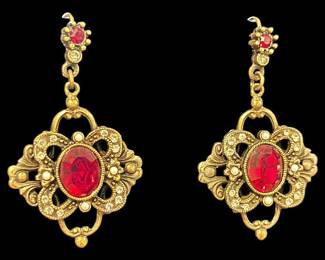 Red Stone and Brass Tone Costume Earrings