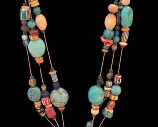 Turquoise Stone Bead 3 Cord Necklace