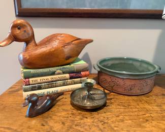vintage books, wood ducks, pottery bowl