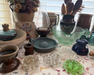 stoneware, pottery, flower frog, uranium glass