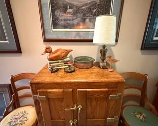 needlepoint side chairs, oak ice box, jesse barnes framed art