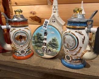 BUFFALO NICKEL BEER STEINS, LIGHTHOUSE LIGHTED DECOR