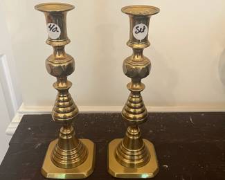 D23- $40. Set of 2 English Edwardian Brass Candle Holders. Measures 9.75" tall