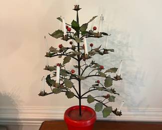 D17- $120. Antique Metal Holly Candelabra Christmas Tree (made in Italy). Measures 22" tall.
