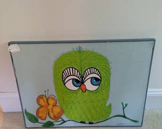 U58 - $30. Owl Painting by Lauzon. Measures 24" wide x 18" tall