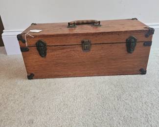 U11 - $150. Antique Wooden Tackle Box - No key. Measures 20" wide x 8" deep x 8" tall.
