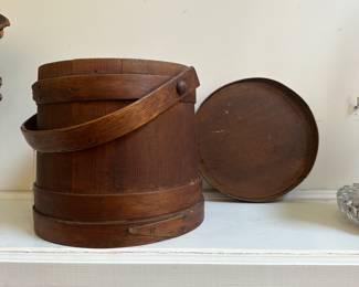 L31 - $125. Primitive Firkin Sugar Bucket with Lid. Measures 10.75" wide x 9.5" tall. Bottom bands are loose but overall very good condition.